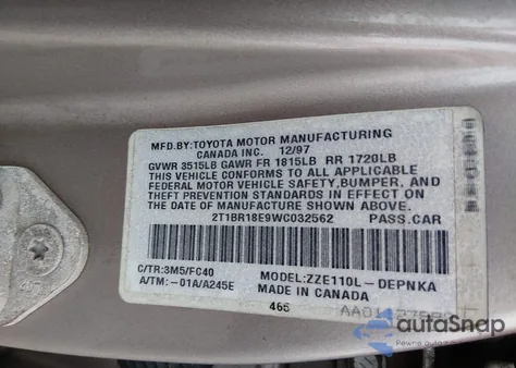 1998 Toyota Corolla Le из США, поврежденный, VIN 2T1BR18E9WC032562